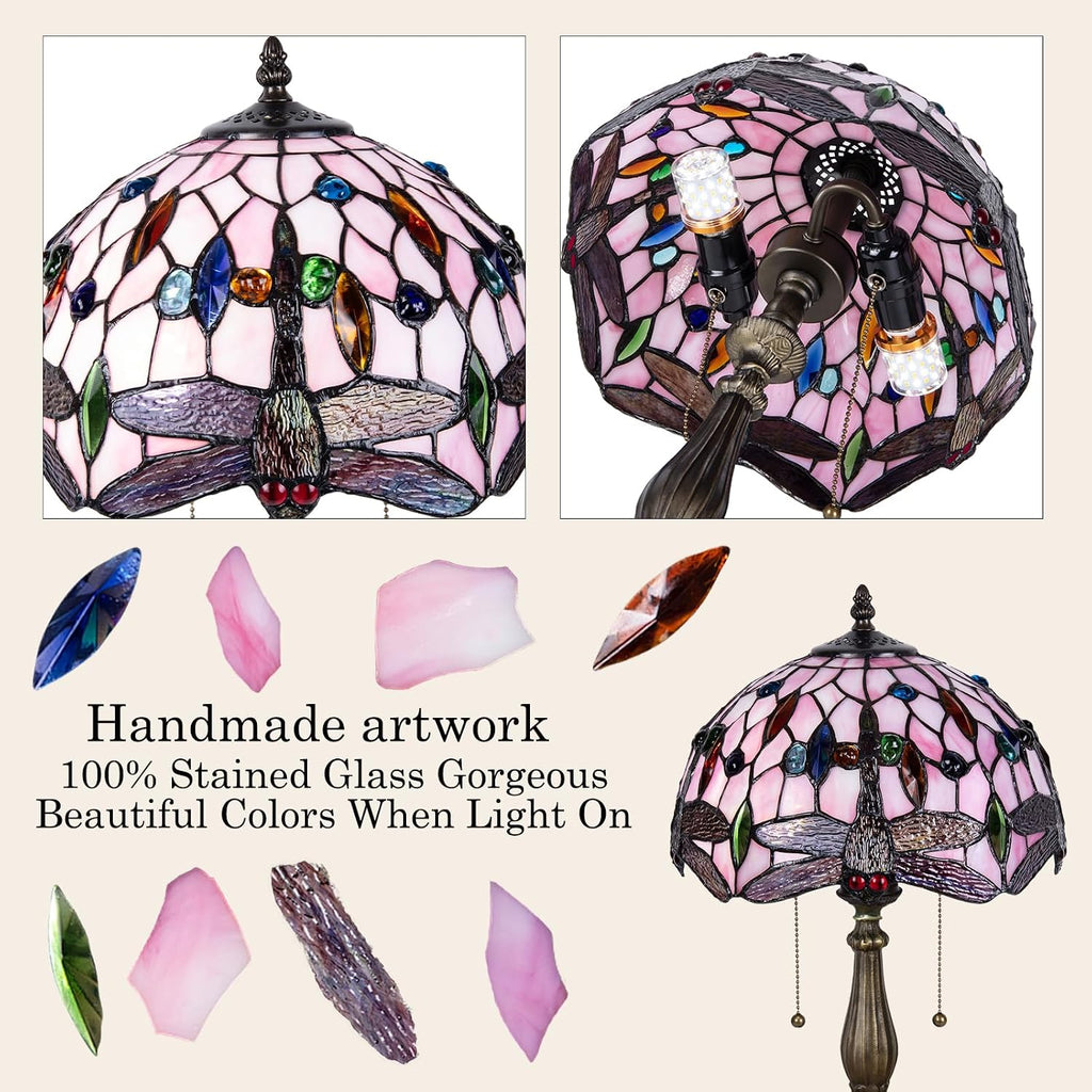 Tiffany Table Lamp, Pink Dragonfly Stained Glass Lamp,12 Inch Tiffany Style Lamp for Bedroom Living Room Home, Handcrafted Light, Included Bulb