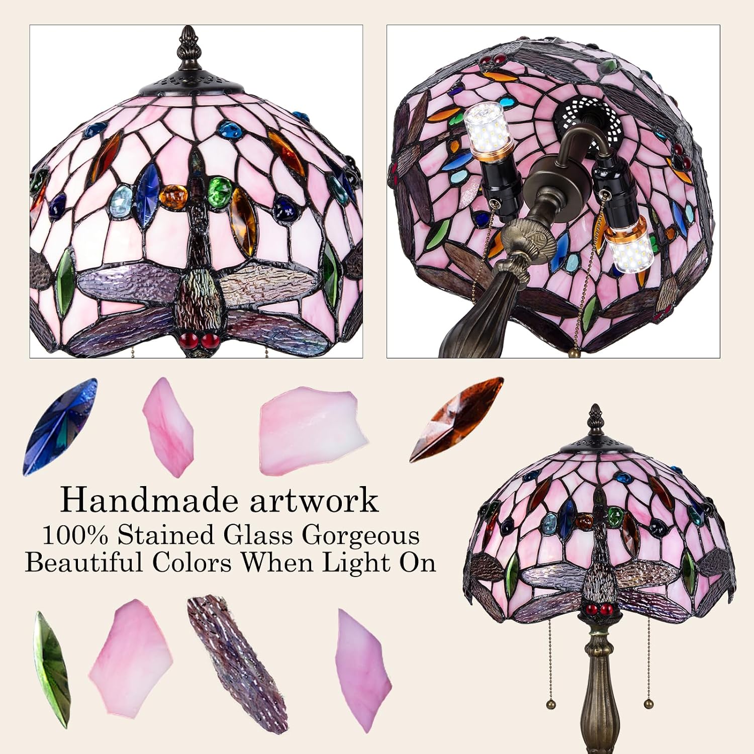 Tiffany Table Lamp, Pink Dragonfly Stained Glass Lamp,12 Inch Tiffany Style Lamp for Bedroom Living Room Home, Handcrafted Light, Included Bulb