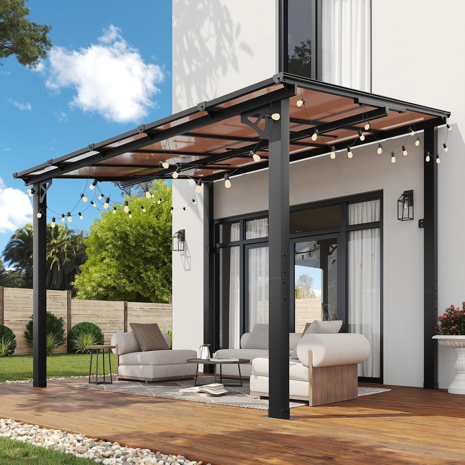 Aoxun 8' x 10' Gazebo for Patio, Wall-Mounted Heavy Duty Awning Pergola with Sloped Roof, LED Outdoor Waterproof Hanging Lights, Perfect for Backyard, Deck and Patio
