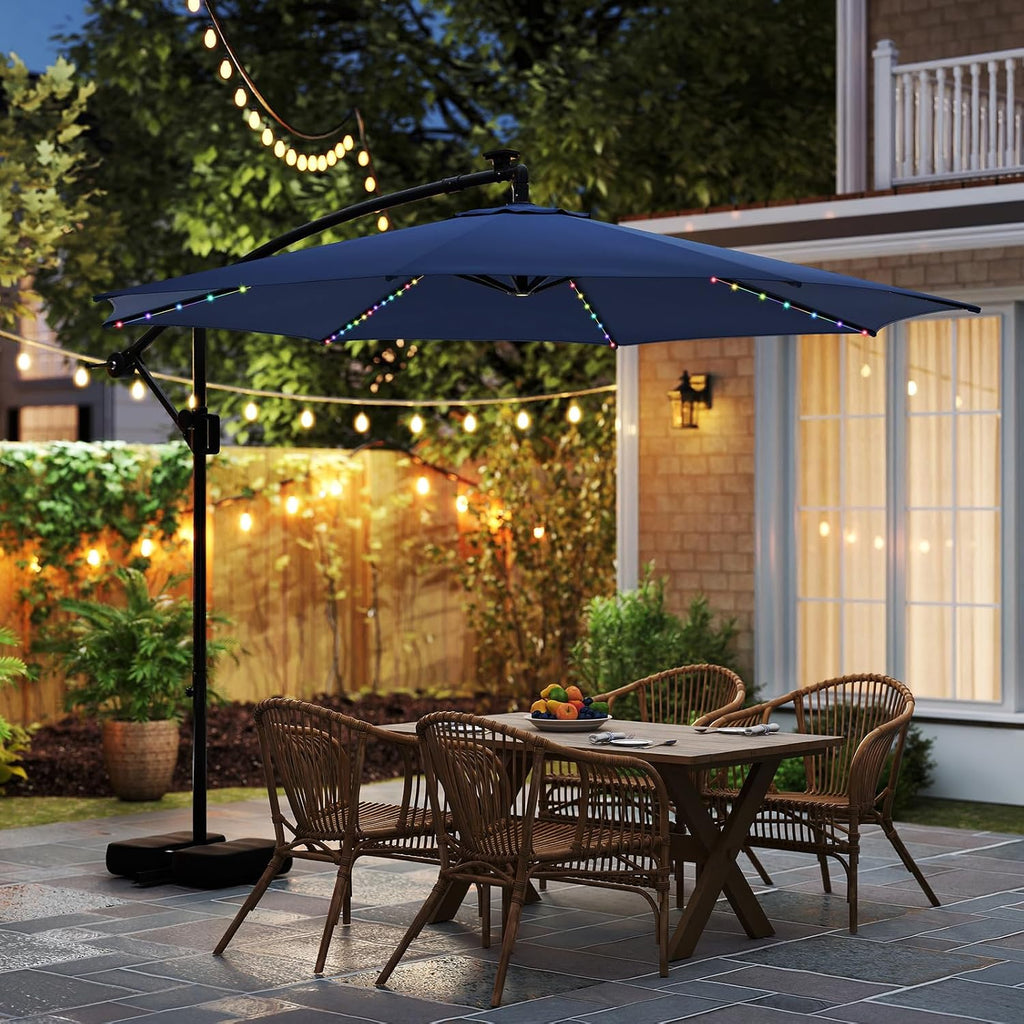 Tangkula 10 FT Solar Patio Umbrella with Base Included, Cantilever Offset Hanging Outdoor Umbrella with 96 Multi-Colored Flowing LED Lights, 9 Modes, Tilt Adjustment, 360° Rotation, Crank for Pool Yard Deck Lawn (Navy)