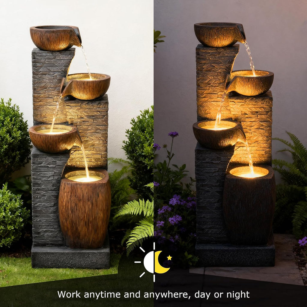 38.2' Tall Water Fountain Outdoor Garden,4 Tiers Modern Cascading Bowls and Stacked Stones Indoor Fountains with LED Lights for Garden, Patio, Deck, Porch, Backyard and Home Art Decor(Grey)