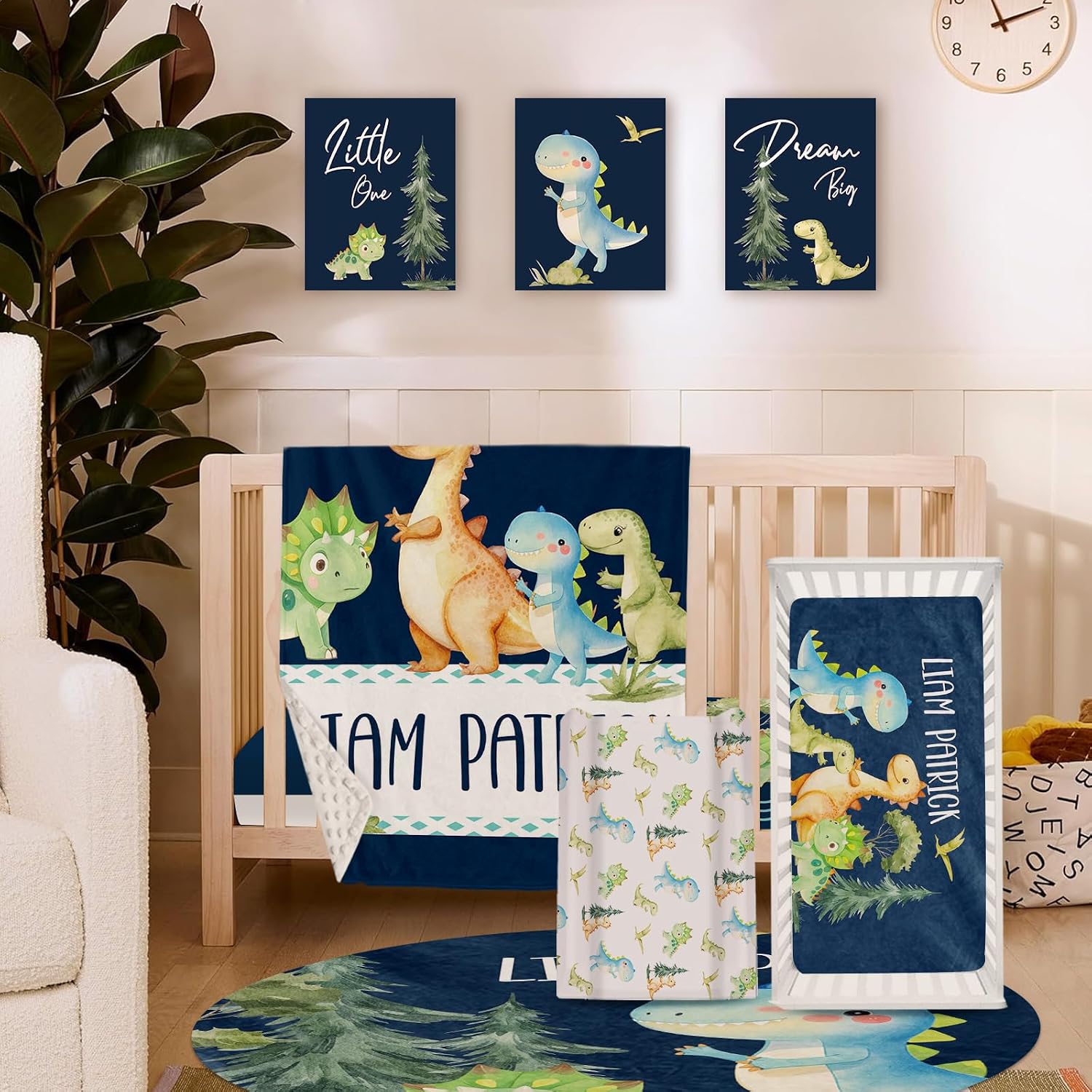 TOOTANN Custom Baby Crib Bedding Set, 5 Pcs Personalized Name Baby Crib Sheets for Kid Toddler Infant, Dark Blue Cartoon Dinosaurs Nursery Bedding Set