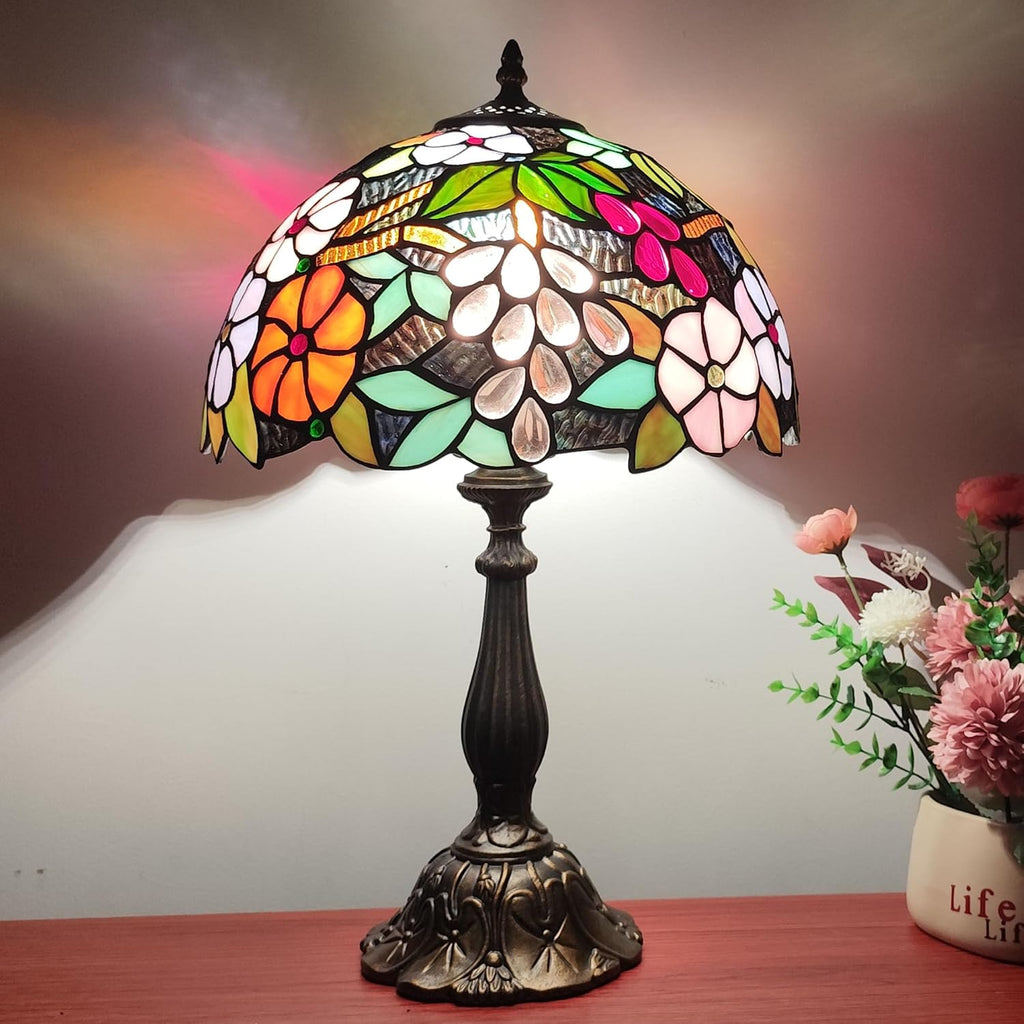 Tiffany 3-Color Stained Glass Lamp - Vintage Beside Reading Lamp, 12 inch Living Room Light, Flowers Style Antique Nightstand Light (Grapes Flowers)