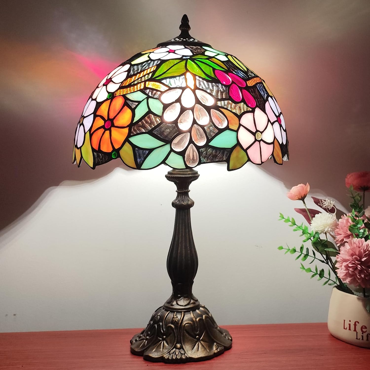 Tiffany 3-Color Stained Glass Lamp - Vintage Beside Reading Lamp, 12 inch Living Room Light, Flowers Style Antique Nightstand Light (Grapes Flowers)
