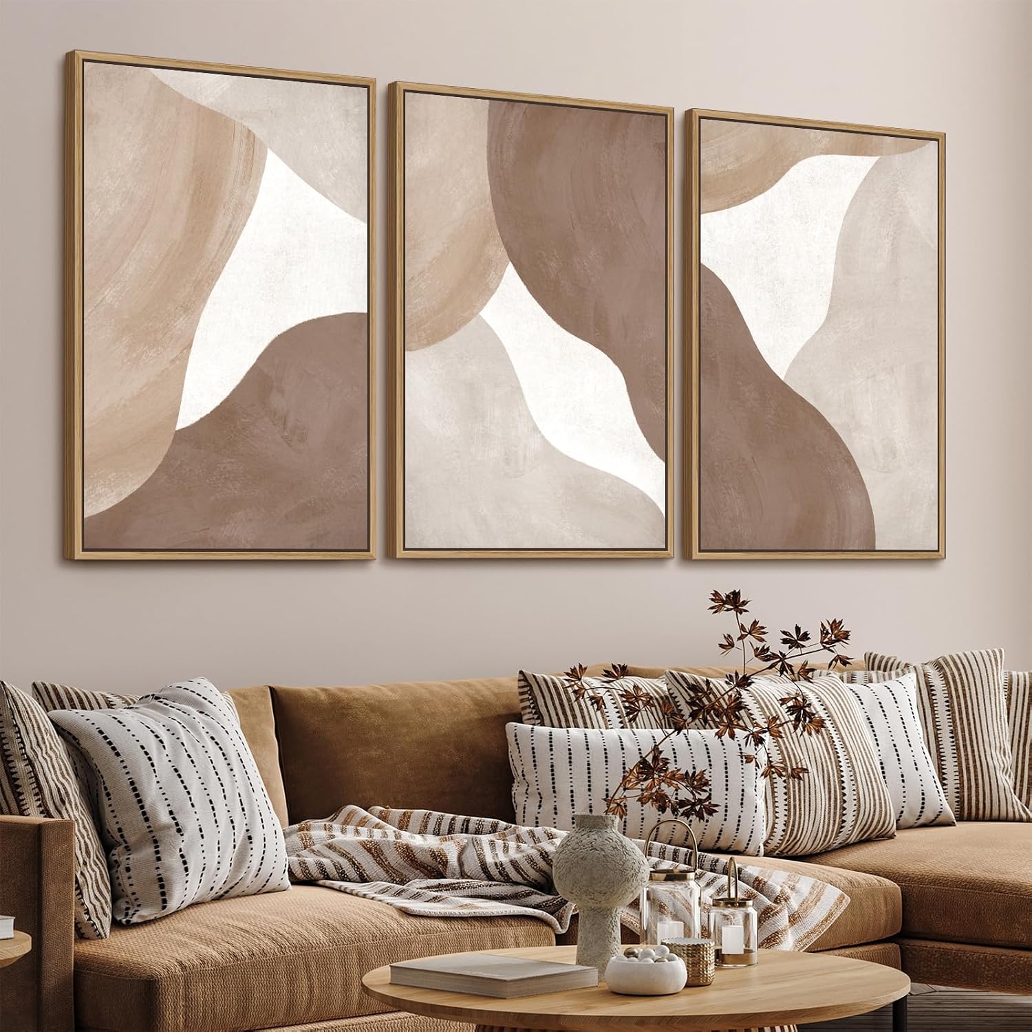 Minimalist Abstract Boho Wall Art - Natural Framed Abstract Canvas Picture Canyon Painting Cliff Artwork Modern Geometric Canvas Prints for Home Office Wall Decor 32' x 48' * 3 Tan Brown Beige