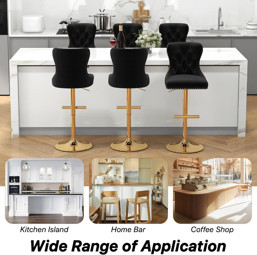 Bar Stools Set of 2, Velvet Swivel Counter Height Stools with Tufted Back, Adjustable Seat with Nailheads Trim, Upholstered Bar Chairs with Gold Base for Kitchen Island, Pub, Black