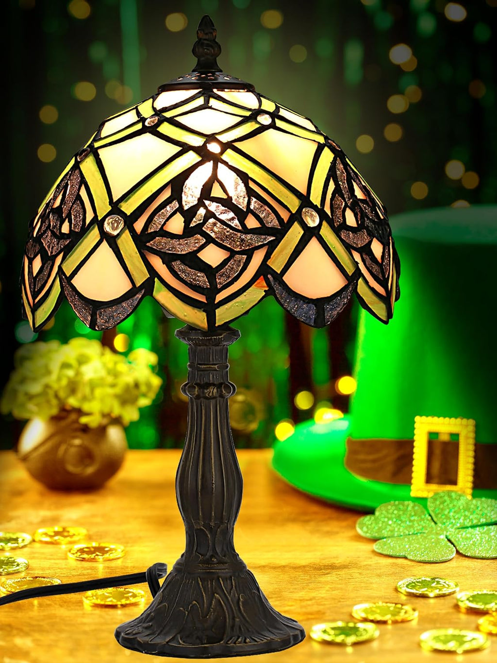 KY&BOSAM Irish Celtic Tiffany Table Lamp Shamrock Style Stained Glass Desk Lamp Night Light 14 Inch Tall 8 Inch Wide Shade Beside Lamp 1 Bulb Antique Zinc Base for Home Bedroom St Patrick's Day Decor