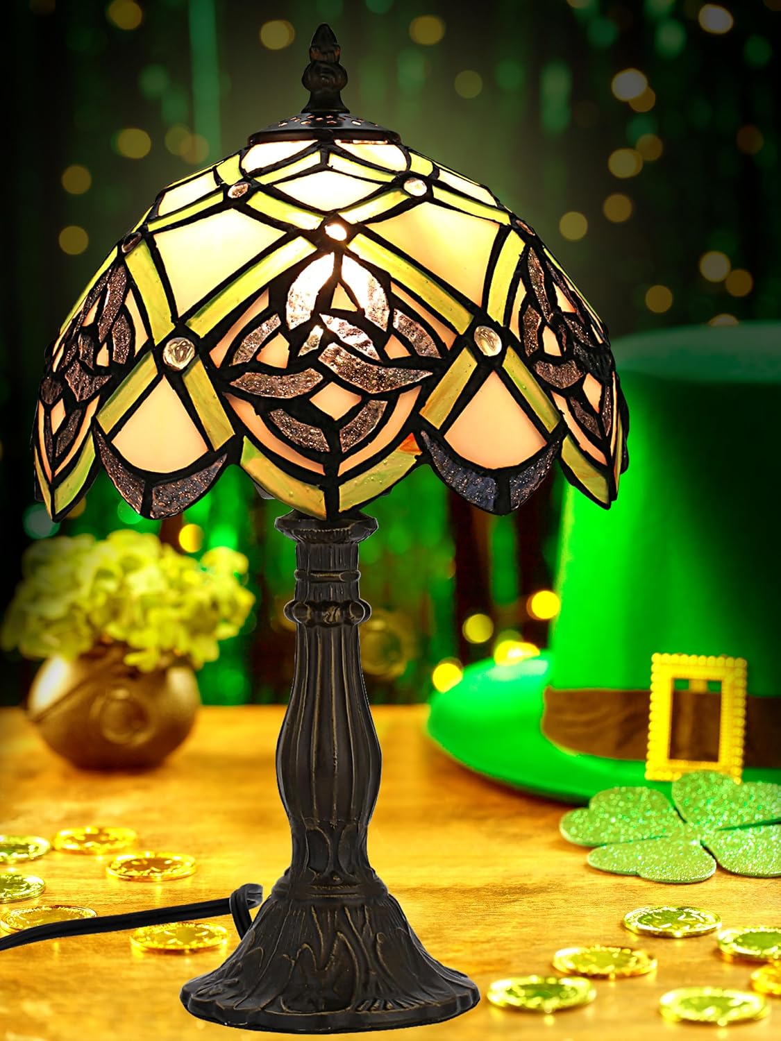 KY&BOSAM Irish Celtic Tiffany Table Lamp Shamrock Style Stained Glass Desk Lamp Night Light 14 Inch Tall 8 Inch Wide Shade Beside Lamp 1 Bulb Antique Zinc Base for Home Bedroom St Patrick's Day Decor