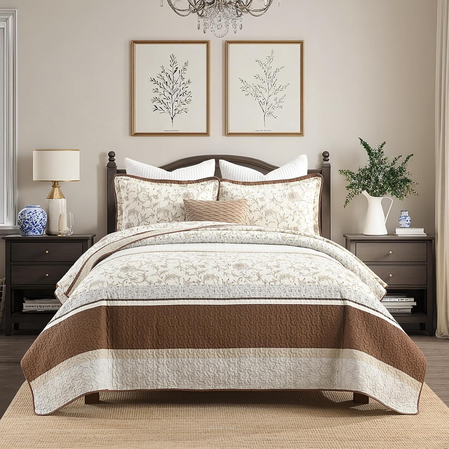 DDUOXIN 100% Cotton King Quilt - Modern Botanical Bed Quilts with 2 Pillow Shams, Floral Print Stripe Bedspread Lightweight Soft Thin Comforter Bedding Set, Brown/Gray/White