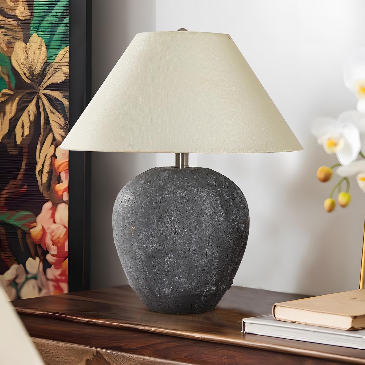 Pia Ricco 21'' Large Gray Base Ceramic Basin Table Lamp Set of 2 for Bedroom, Living Room, Dining Room, Office, White Shade