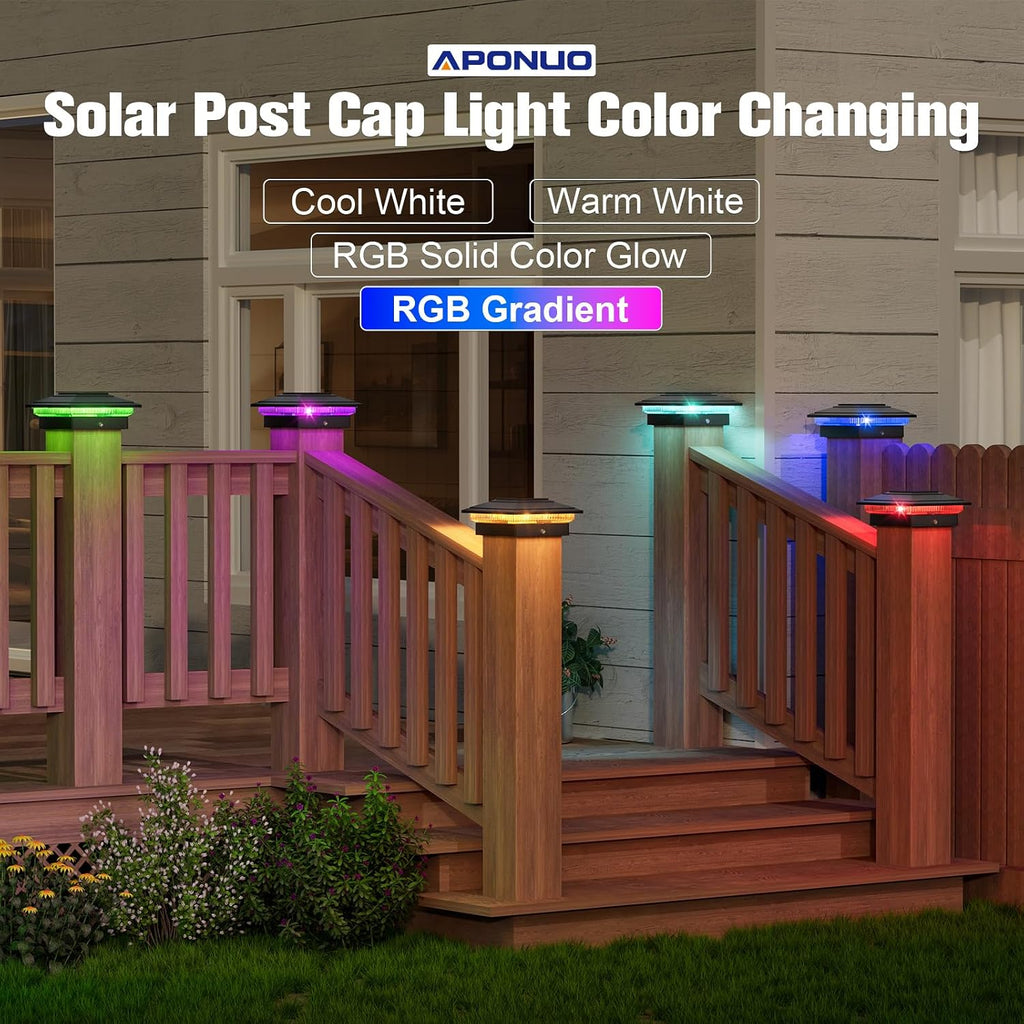 APONUO Solar Post Cap Lights Color Changing - RGB 8 Solid & Gradient Colors, IP65 Waterproof, for 4x4 5x5 6x6 Wood Vinyl Fences, Deck, Patio, Yard, Black, 16 Pack