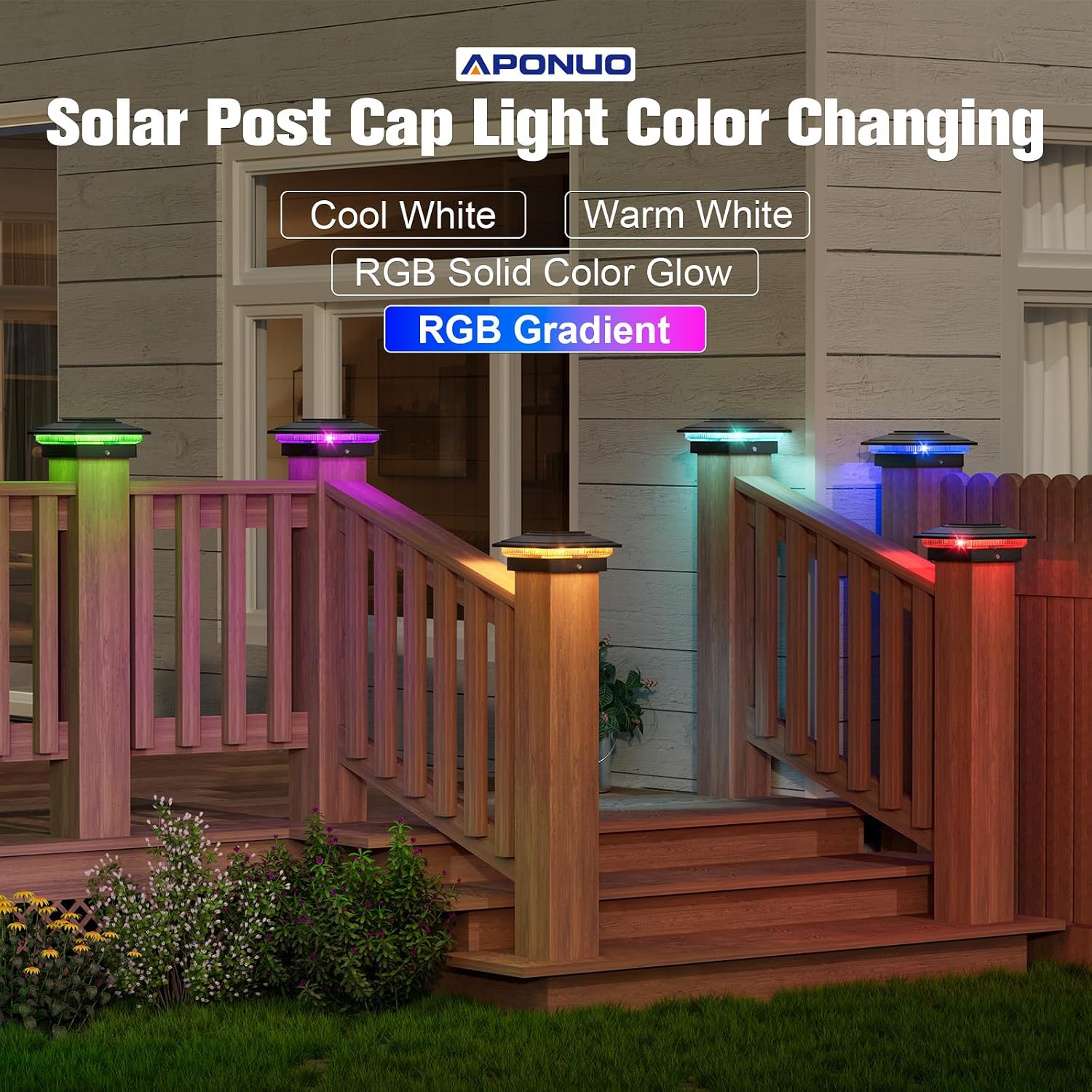 APONUO Solar Post Cap Lights Color Changing - RGB 8 Solid & Gradient Colors, IP65 Waterproof, for 4x4 5x5 6x6 Wood Vinyl Fences, Deck, Patio, Yard, Black, 16 Pack