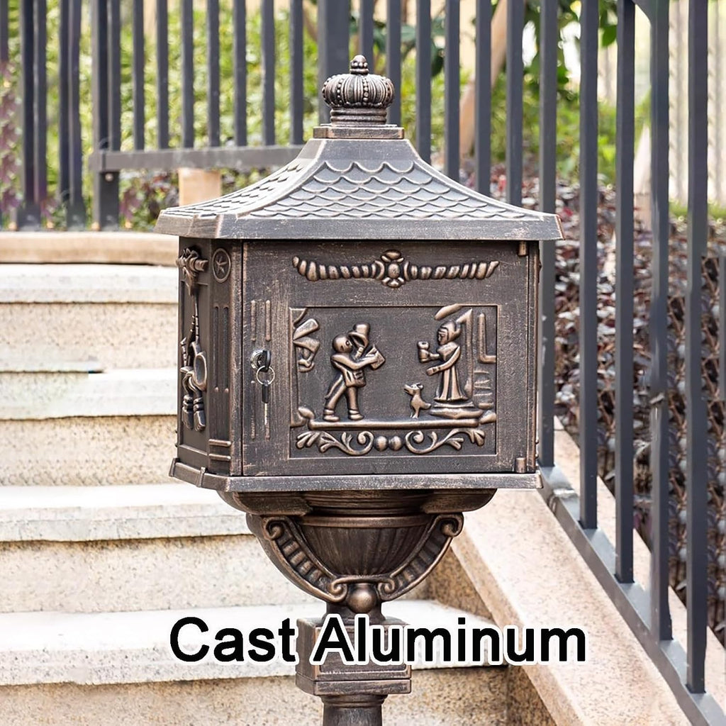 Cast Aluminum Mailbox with Post, Locking Residential Mailboxes for Outside, Rust-Proof Large Security Metal Mailbox