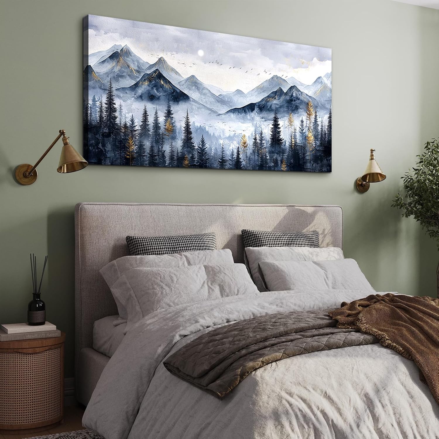 SERIMINO Mountain Landscape Large Wall Art, Misty Forest Canvas Prints, Blue Gold Watercolor Pine Tree Paintings Wall Decor Living Room Bedroom, Natural Scenery Office Decor Pictures 29'X57'