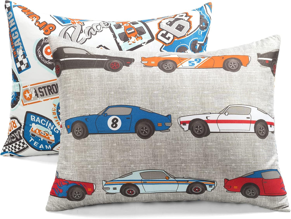 Lush Decor Race Cars Reversible Oversized With Printed Sheet 7 Piece Comforter Set, Full, Blue & Orange