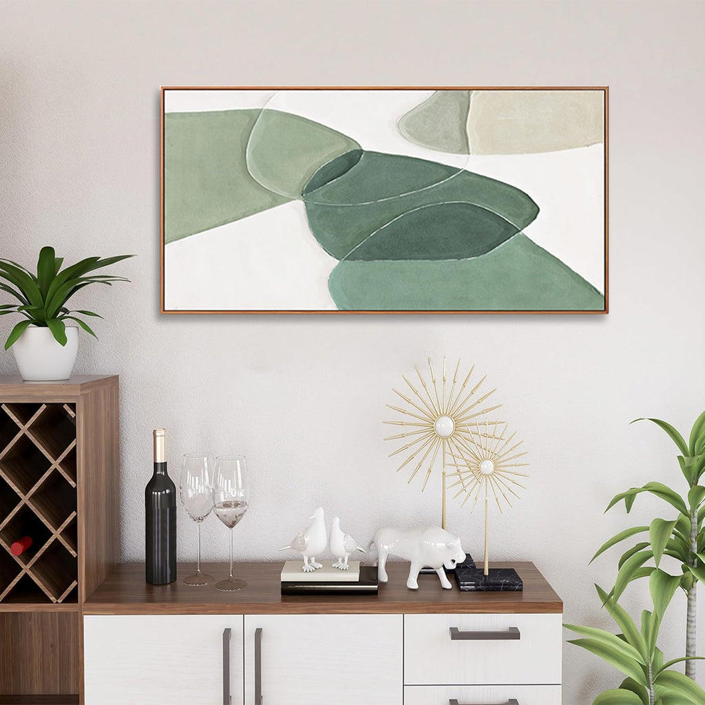 Wall Art Canvas Color Block Line Art Prints Green and white geometric color block line art Painting Framed Modern Artwork Decor for Living Room Bedroom Kitchen 24x48 inch