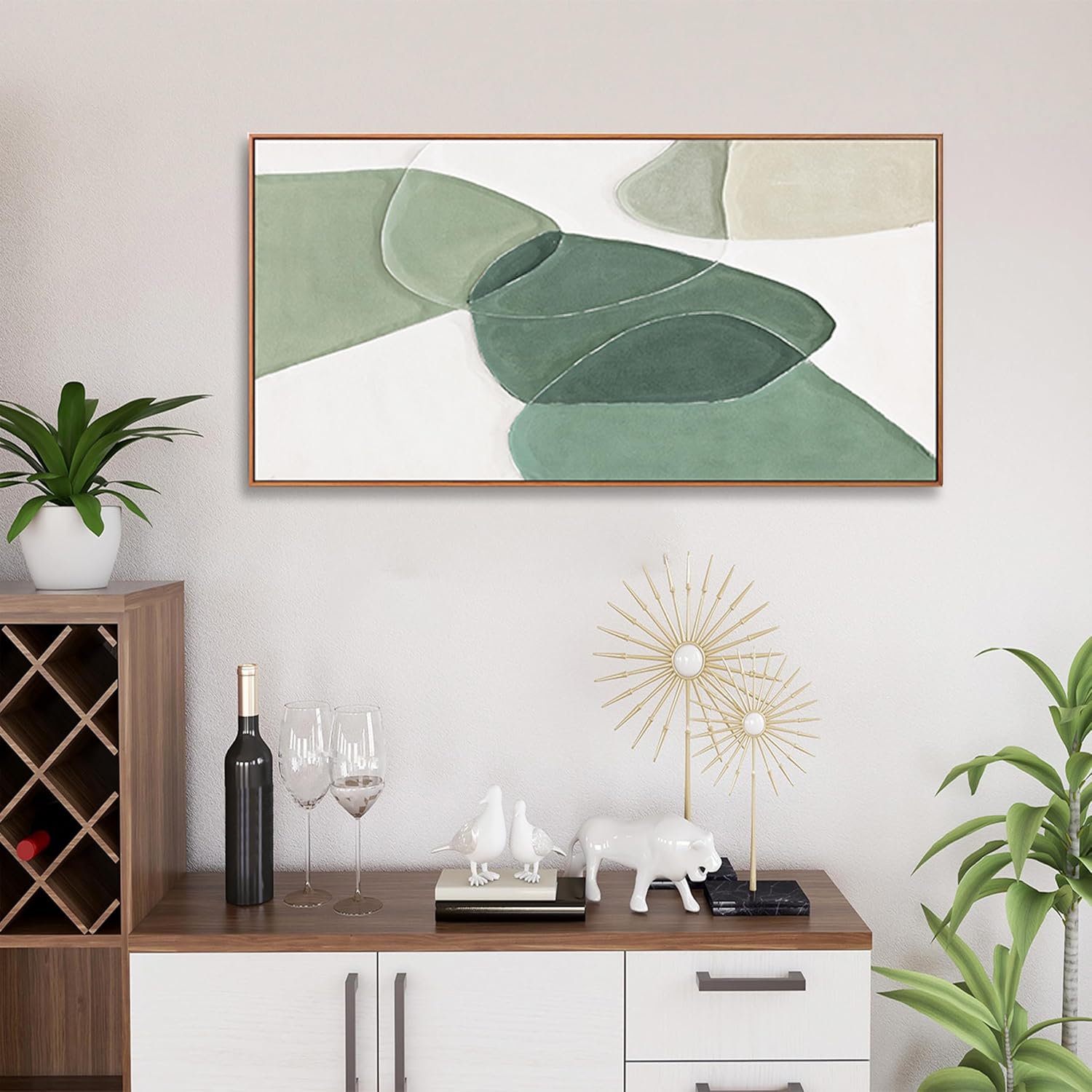 Wall Art Canvas Color Block Line Art Prints Green and white geometric color block line art Painting Framed Modern Artwork Decor for Living Room Bedroom Kitchen 24x48 inch