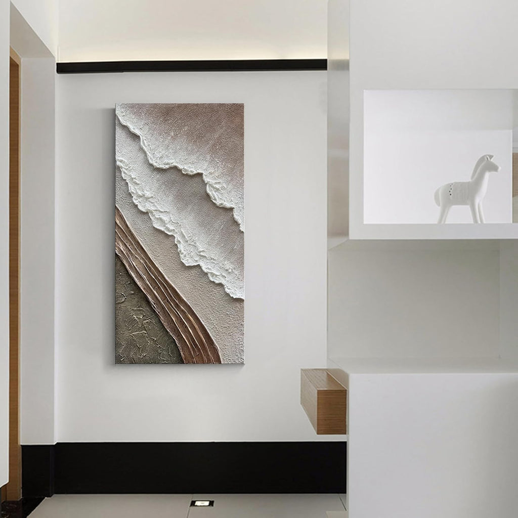 Hand Painted Thick Texture Art Oil Painting on Brown and White Beach Waves Landscape Art Home Wall Decorative Painting 48x24 Inches