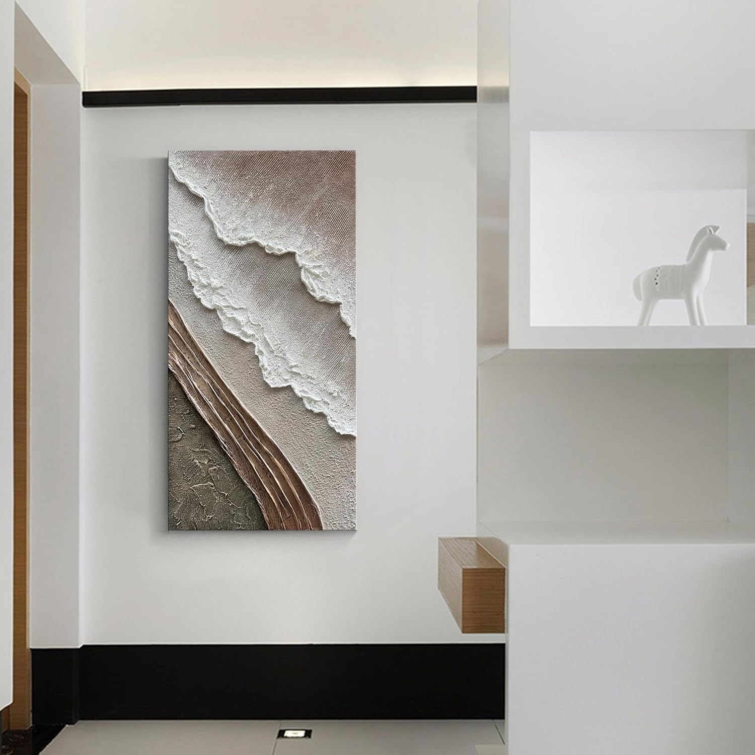 Hand Painted Thick Texture Art Oil Painting on Brown and White Beach Waves Landscape Art Home Wall Decorative Painting 48x24 Inches