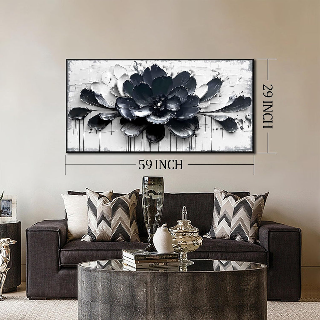 Flower Wall Art for Lving Room, Blue Black and White Canvas Wall Decor for Bedroom, Floral Picture Print Artwork for Office, Size 59 x 29 Inches Framed