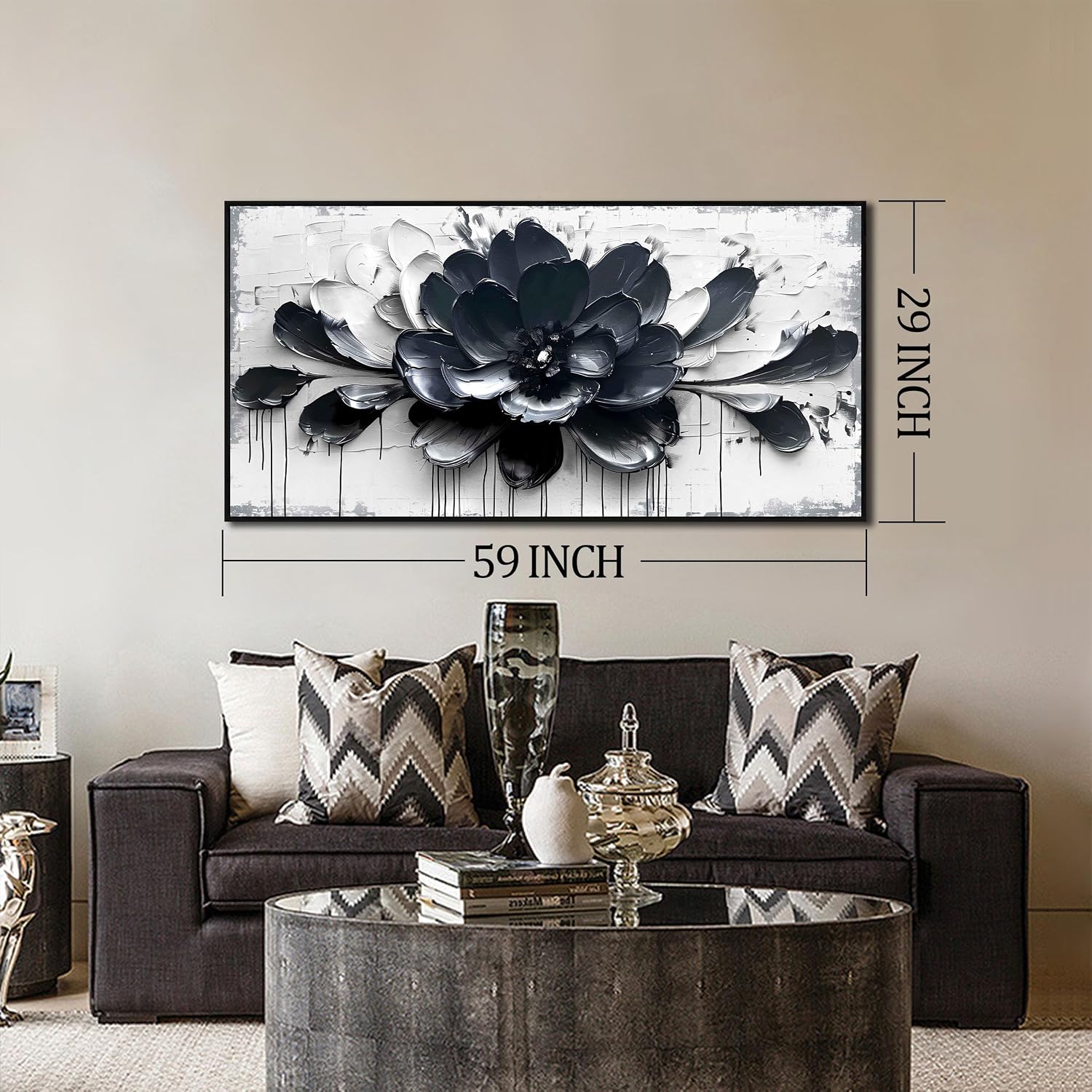 Flower Wall Art for Lving Room, Blue Black and White Canvas Wall Decor for Bedroom, Floral Picture Print Artwork for Office, Size 59 x 29 Inches Framed