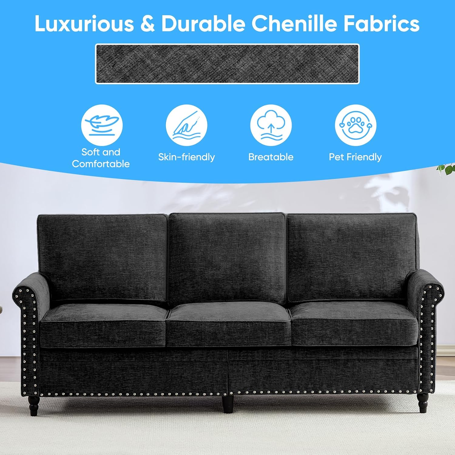 Mjkone 76' Chenille Sofa Couch, 3-Seater Living Room Sofa with Wood Frame, Gourd Shape Wood Legs, 6.7' Thickened Soft Cushion, Rivet Design, Mid Century Modern Couch for Small Spaces, Apartment, Black