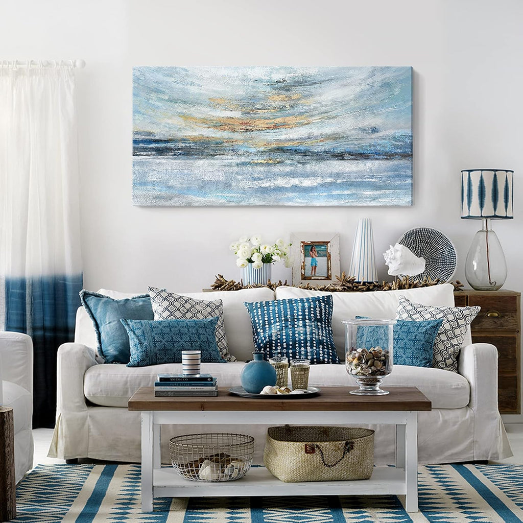 Extra Large Framed Wall Art for Living Room Light Blue Huge Canvas Print Modern Ocean Skyline and Sunset Wall Picture Coastal Themed Seaside Sea Artwork for Home Bedroom Décor 58x29inch Décor