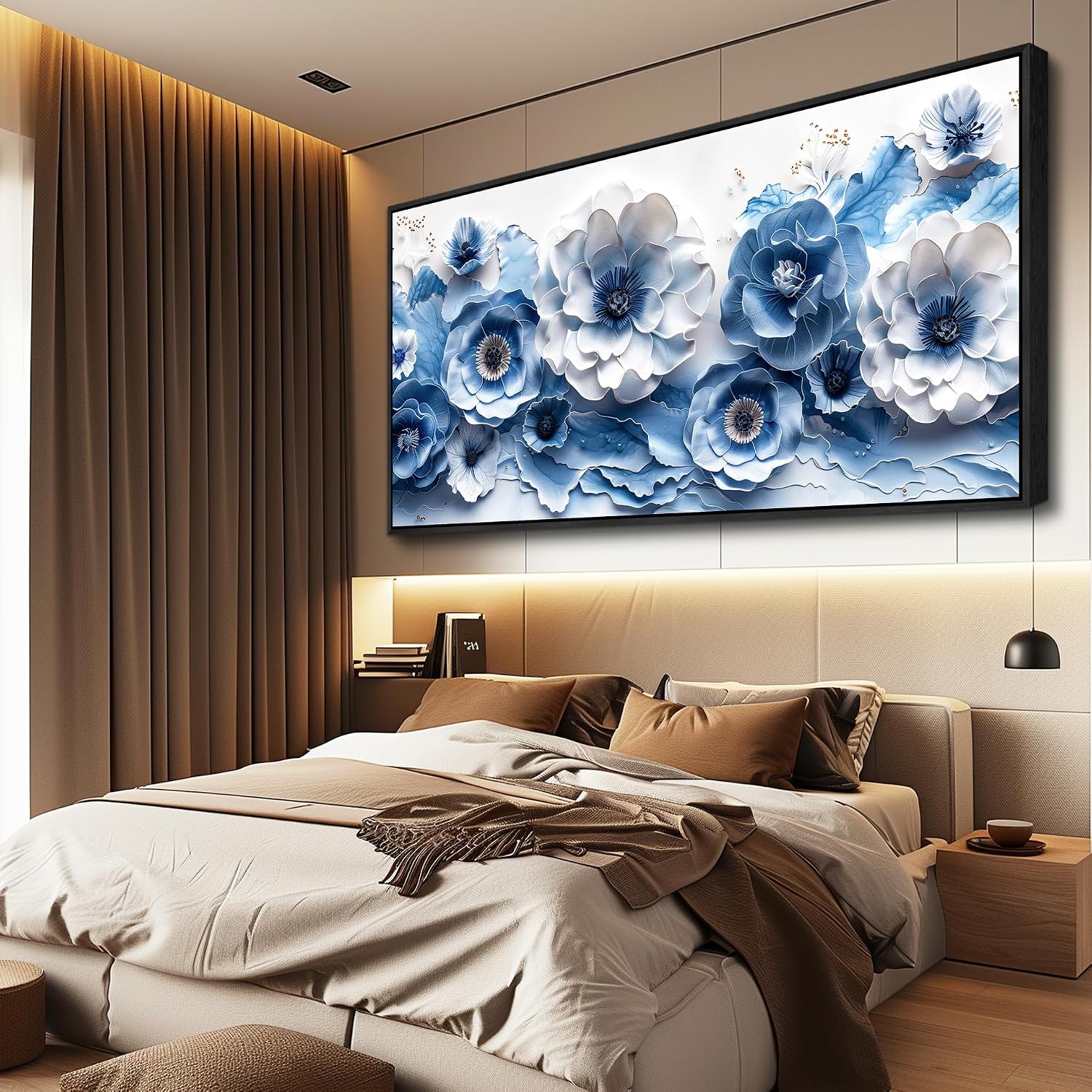 XIGUANGART Large Wall Art for Living Room Blue and White Flower Prints Paintings for Office Modern Black Framed Artwork Floral Pictures Wall Decoration for Bedroom Kitchen Women Aesthetic Home Decor