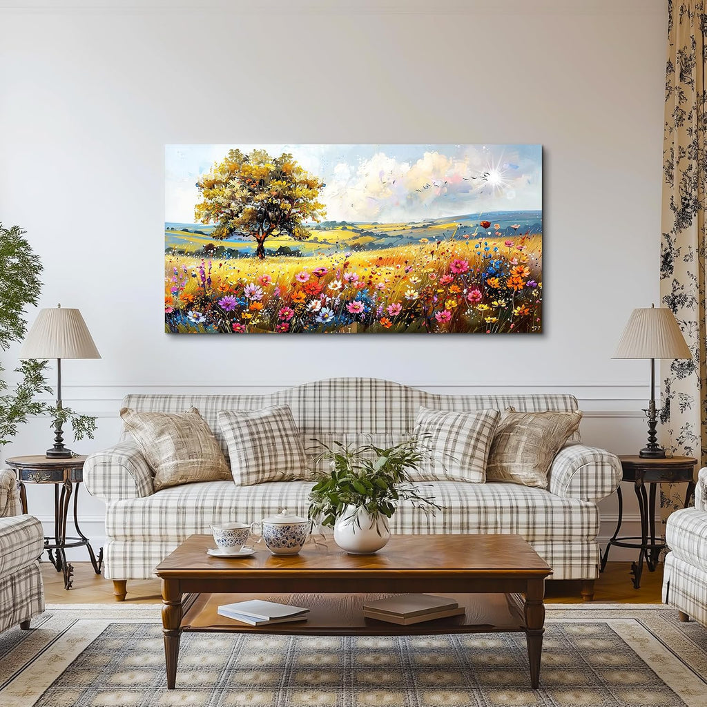 SERIMINO Rustic Landscape Large Wall Art, Tree Flower Sea Canvas Painting, Nature Country Scenery Art Prints, Bright Cottagecore Wall Pictures for Living Room Dining Room, Farmhouse Decor 29X57 Inch
