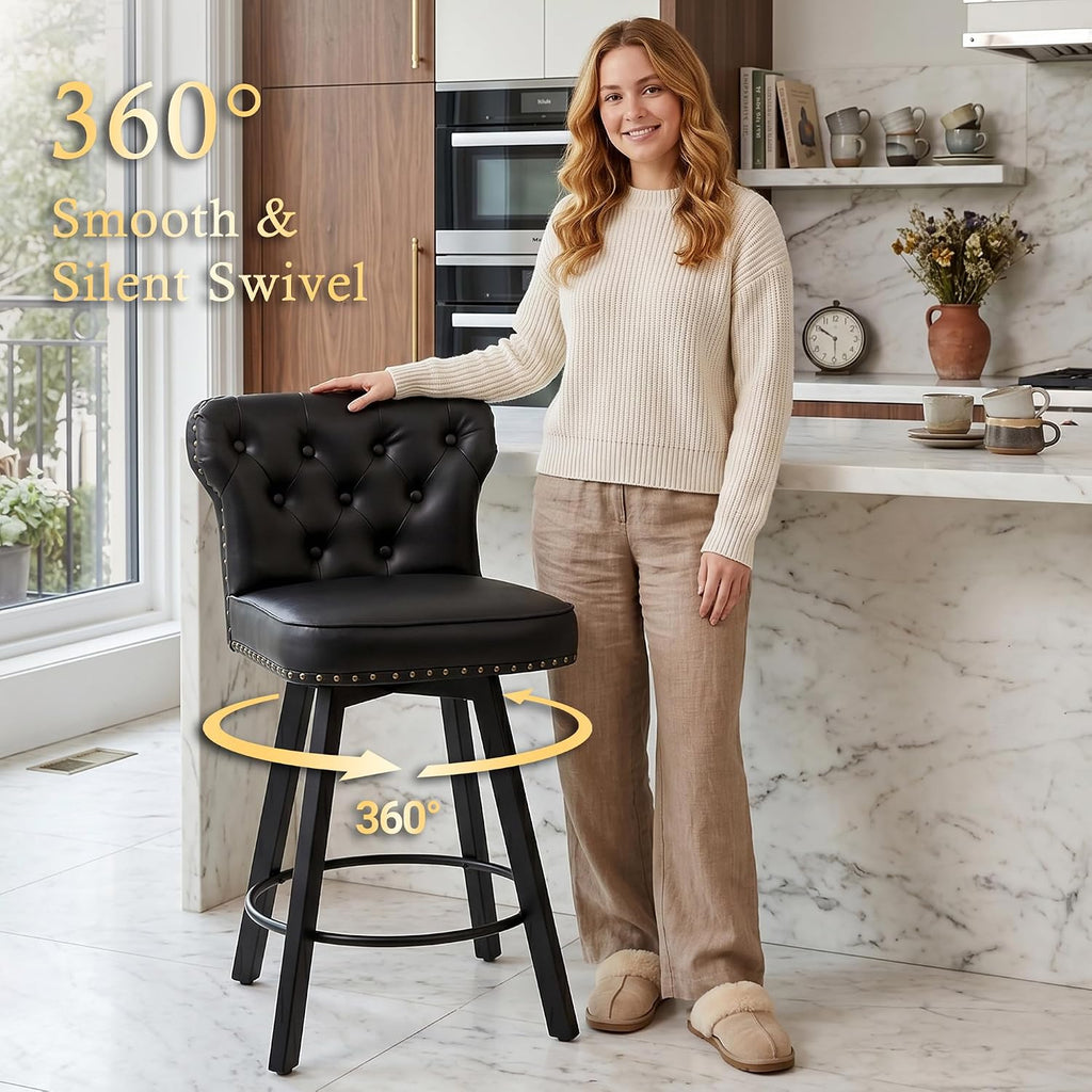 Counter Height Bar Stools Set of 4, Retro Stools for Kitchen, Swivel Bar Stool with Adjustable Metal Base, Rivet Armless PU Leather Barstool with High Back, Thick Wide Seat Cushion(Black)