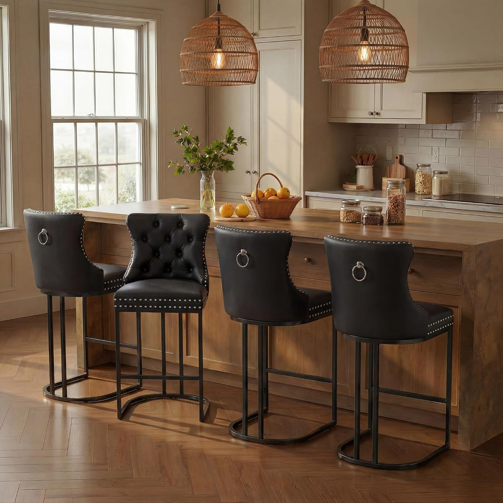 AQO 26 Inch Bar Stools Set of 4, Modern Counter Height Bar Stools with Backs, Upholstered Faux Leather Counter Stools for Kitchen Island, Black