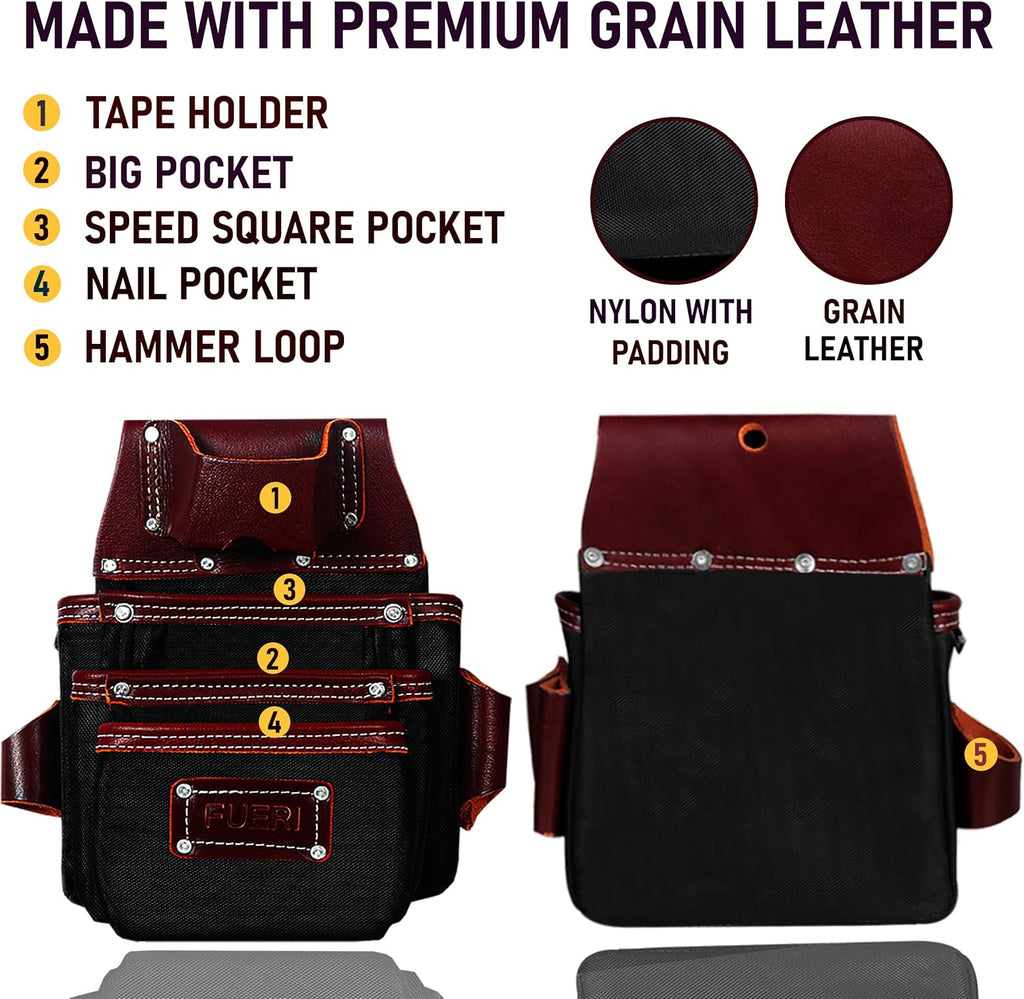 FUERI Electrician's Heavy Duty 26 Pocket Leather-Nylon Tool Belt & Suspender Combo, Comfort Back Support Padded Belt, 2 Large Storage Capacity Pouches, Best for Framers, Carpenter, Roofing