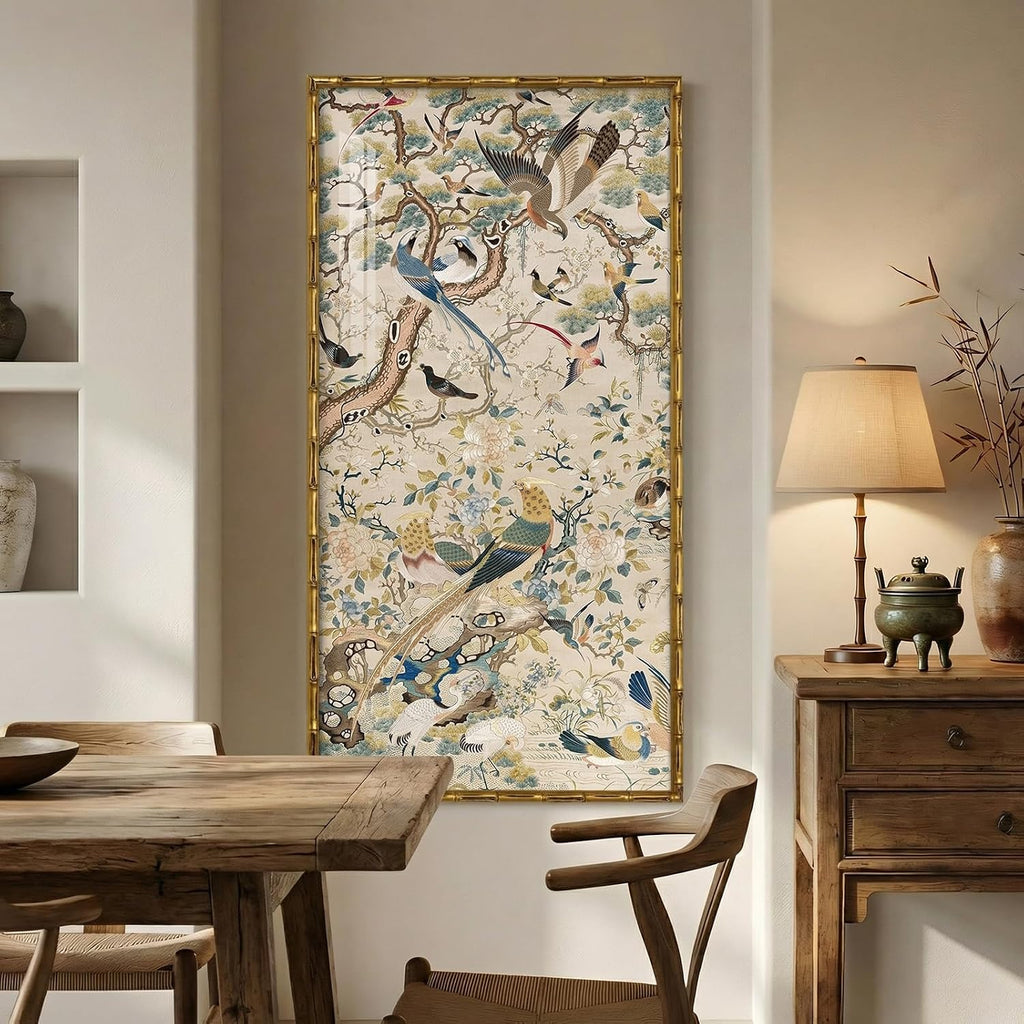 Vintage Gold Framed Chinoiserie Wall Art for Living Room, Vertical Retro Neutral Floral Bird Artwork for Walls, Canvas Print with Bamboo-Style Framed for Bedroom Dining Room Wall Decor, 20x40 Inch
