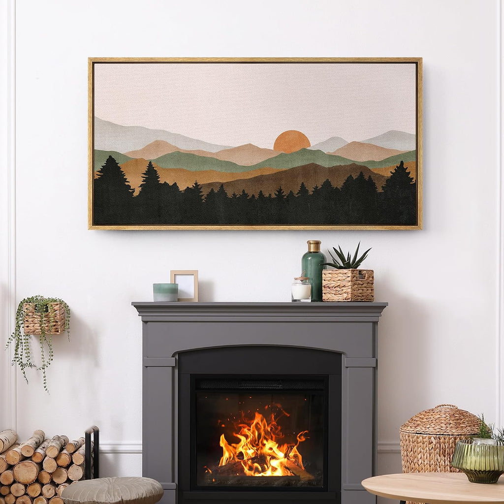 SIGNFORD Extra Large Framed Canvas Print Wall Art Abstract Mountain Contours Sunset Landscape Illustrations Modern Art Relax/Calm Warm for Living Room, Bedroom, Office - 60'x30'