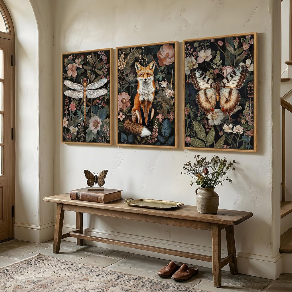 Framed Vintage Botanical Animal Wall Art Set of 3, Dark Floral Butterfly Dragonfly Fox Nature Canvas Prints, Rustic Forest Cottage core Garden Wall Decor for Living Room Bedroom Office, 24x36 Inch