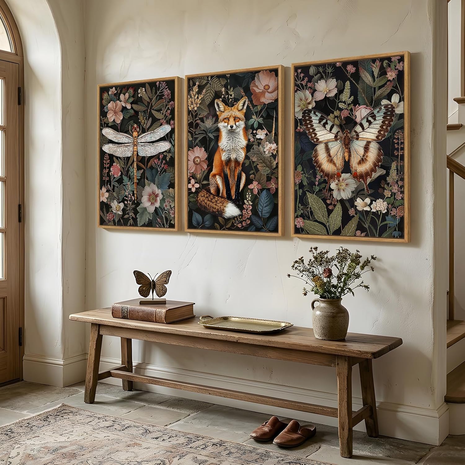Framed Vintage Botanical Animal Wall Art Set of 3, Dark Floral Butterfly Dragonfly Fox Nature Canvas Prints, Rustic Forest Cottage core Garden Wall Decor for Living Room Bedroom Office, 24x36 Inch