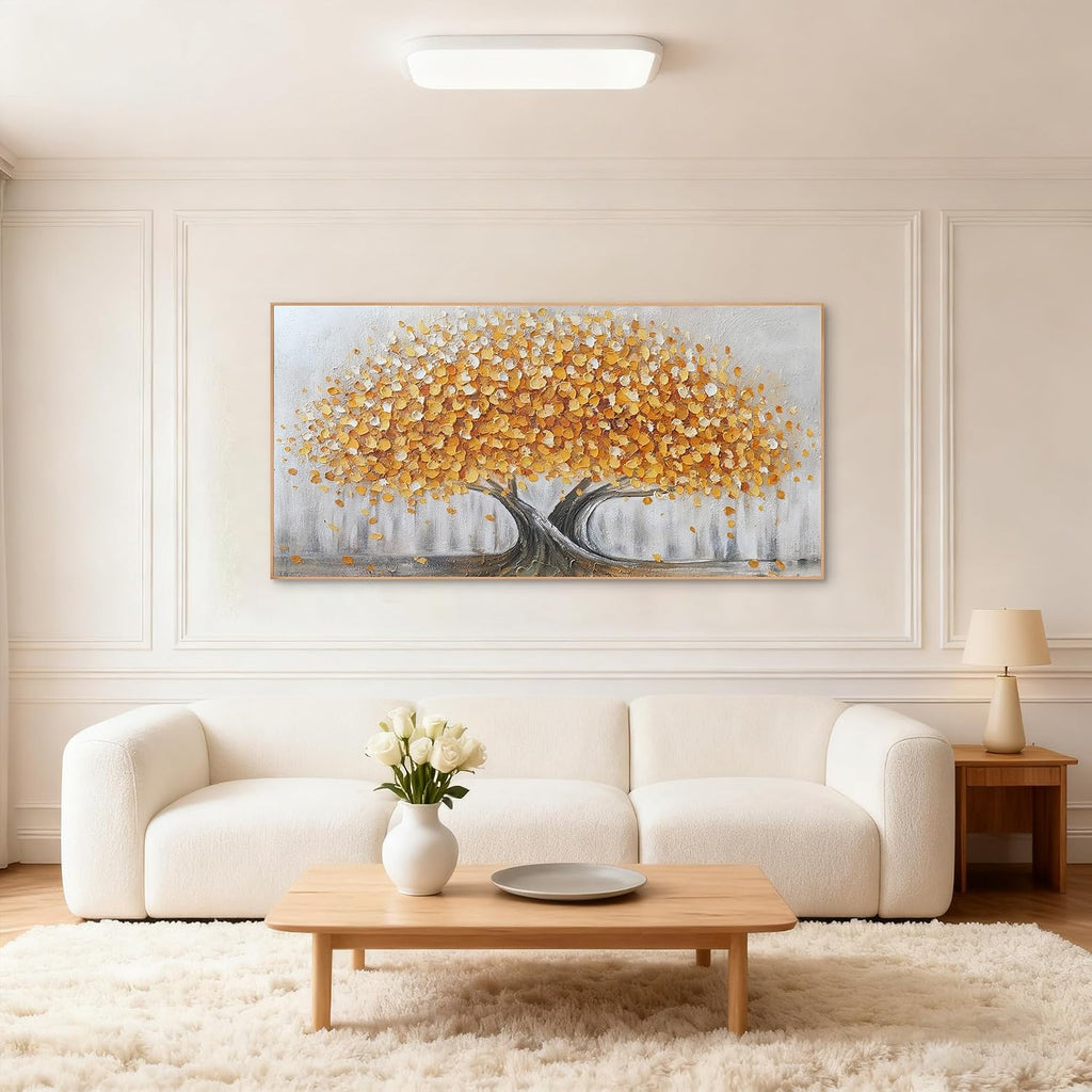 Gold Tree of Life Canvas Wall Art, Modern Abstract Textured Painting, Large Framed Panoramic Landscape Artwork for Living Room, Bedroom, Office, Home Decor 48'x24'