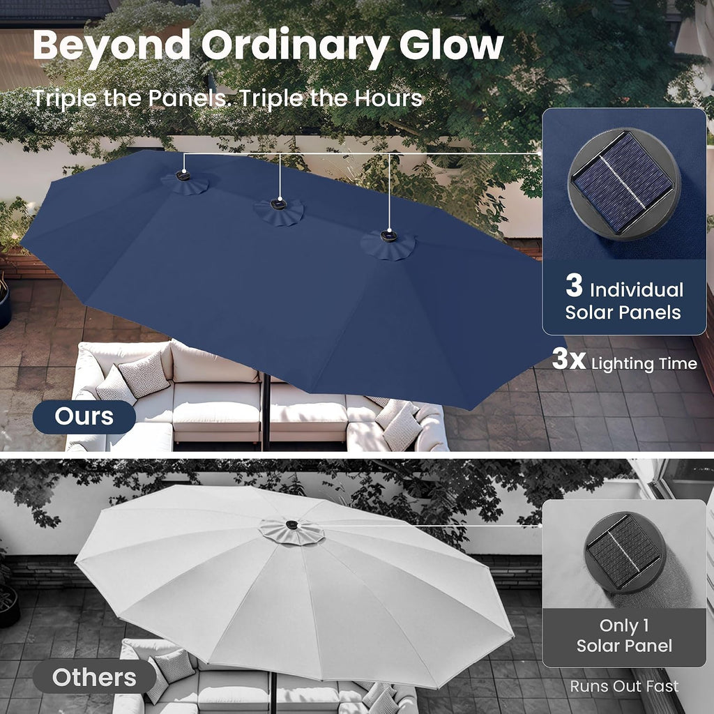 PHI VILLA 15ft Large Patio Umbrella with Solar Lights, Double-Sided Outdoor Market Rectangle Umbrellas with 36 LED Lights, Umbrella Base (Stand) Included, Navy Blue