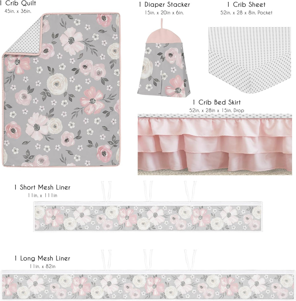 Sweet Jojo Designs 6-Piece Baby Crib Bedding Set (Grey Boho Floral) for Girls, Infants/Nursery incl. BreathableBaby Mesh Liner Blanket, Fitted Sheet, Skirt, Diaper Stacker (Farmhouse, Shabby Chic)