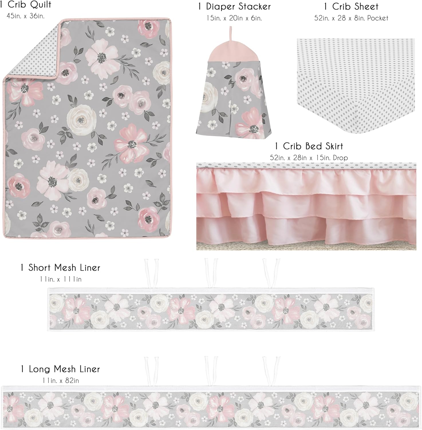 Sweet Jojo Designs 6-Piece Baby Crib Bedding Set (Grey Boho Floral) for Girls, Infants/Nursery incl. BreathableBaby Mesh Liner Blanket, Fitted Sheet, Skirt, Diaper Stacker (Farmhouse, Shabby Chic)