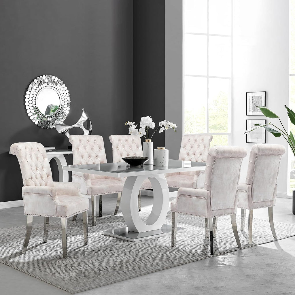 LOULENS Luxurious Velvet Dining Chairs Set of 6, Modern Upholstered Tufted Dining Room Chairs, Armrests Dining Chairs with Stainless Steel Leg (Beige + Velvet)