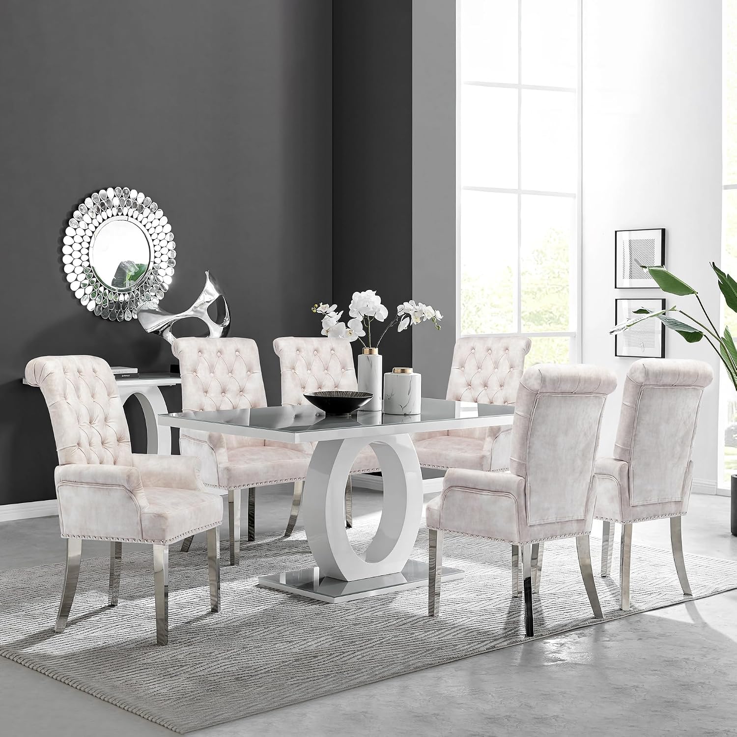 LOULENS Luxurious Velvet Dining Chairs Set of 6, Modern Upholstered Tufted Dining Room Chairs, Armrests Dining Chairs with Stainless Steel Leg (Beige + Velvet)