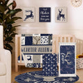 Personalized Baby Crib Bedding Set, 5-Piece Navy Deer Design Baby Crib Sets with Custom Name, Toddler Double Layer Blanket Fitted Sheets Changing Pad Cover Rug Wall Art Set, Charming Nursery Decor