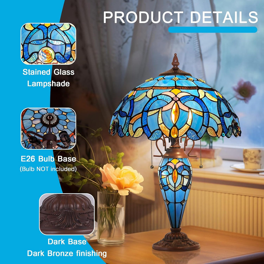 Capulina Tiffany Lamp Stained Glass Table Lamp 3-Light 16x16x24 Inches Blue Brown Style Mother-Daughter Vase Desk Lamp for Bedrooms Living Room Study Home Office