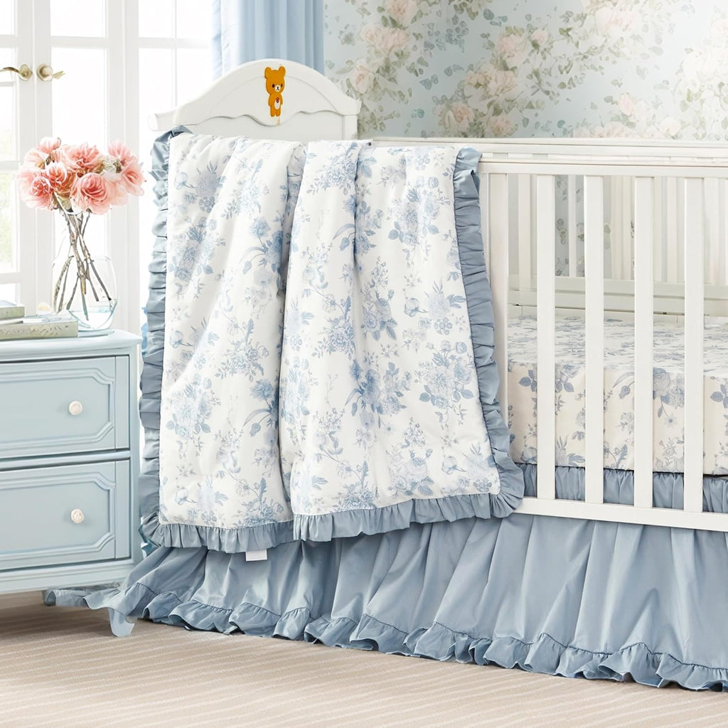 Brandream French Country Toile Crib Bedding Set for Girls Vintage Blue Grandmillennial Toile Floral Print 100% Cotton Baby Girl Nursery Bedding - 3 Pieces Ruffles Quilt,Toile Crib Sheet,Crib Bed Skirt