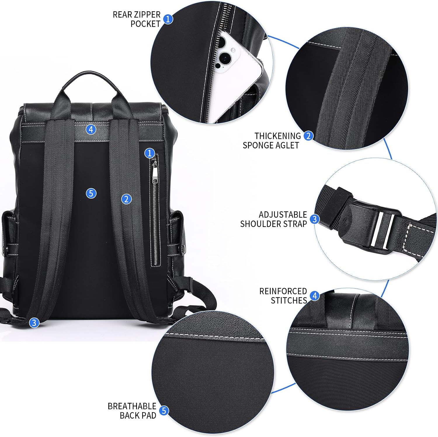 Nappa Genuine Leather Backpack for Men Multi-Functional 15' Laptop Backpack, Black Business Casual Travel Backpack Work Daypack