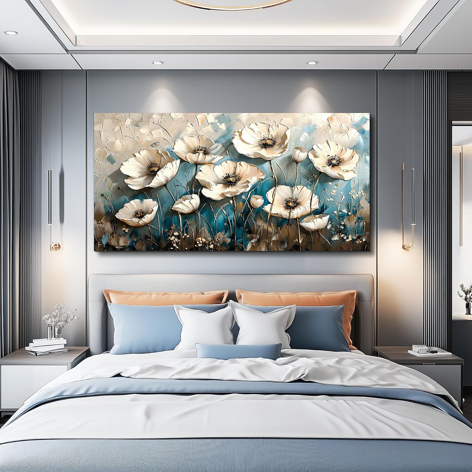KELIYUAN Large Wall Decoration Canvas Painting Wall Art For Living Room Dining Room Mural White Flowers Picture Artwork Print For Kitchen Room Bedroom Bathroom Home Decoration Aesthetics 30x60 In