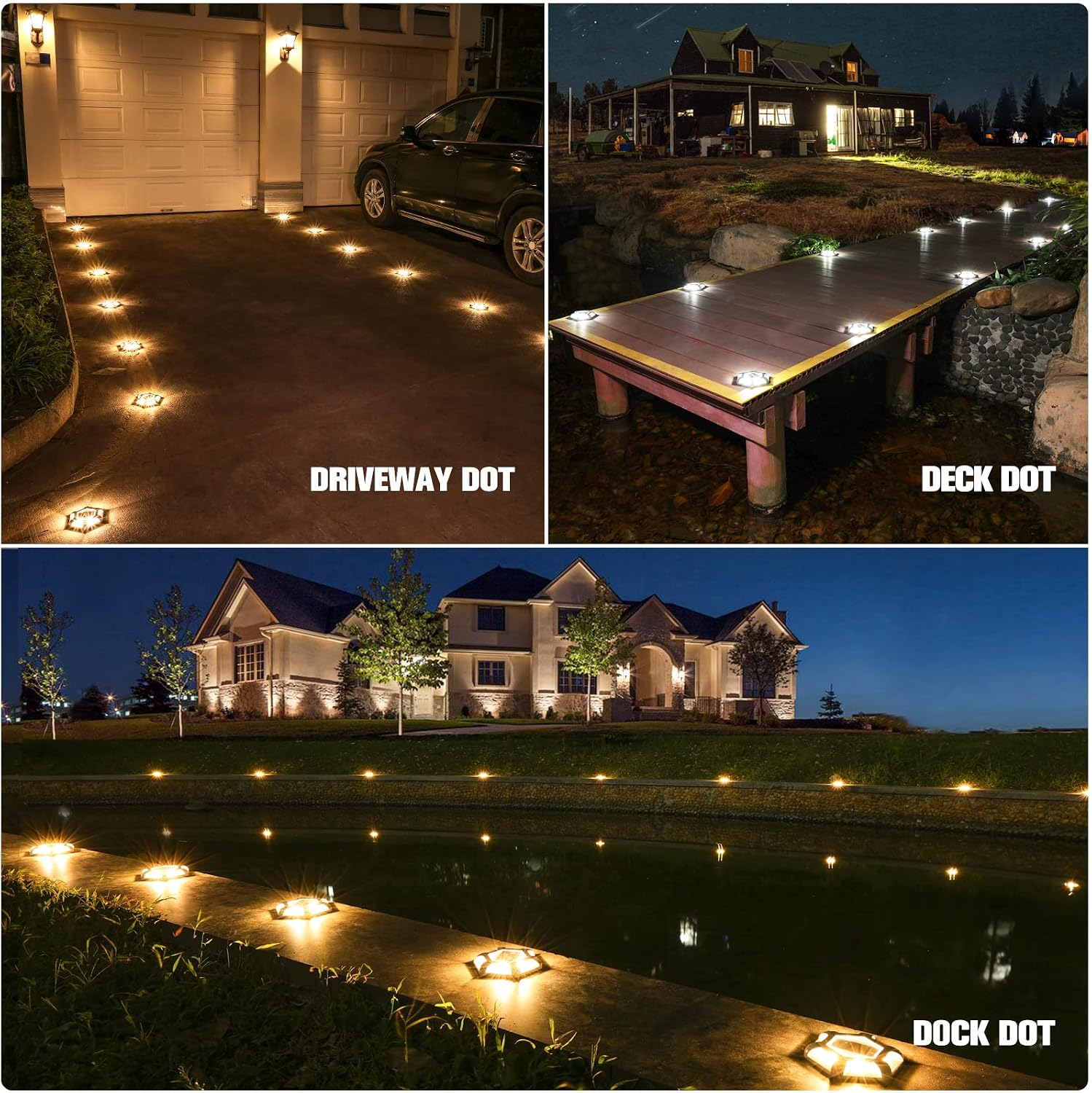 VOLISUN Solar Dock Lights - 16-Pack Waterproof Outdoor LED Aluminum Warning Step Lights for Driveway (Warm White & White, 2 Colors in 1), Auto On/Off