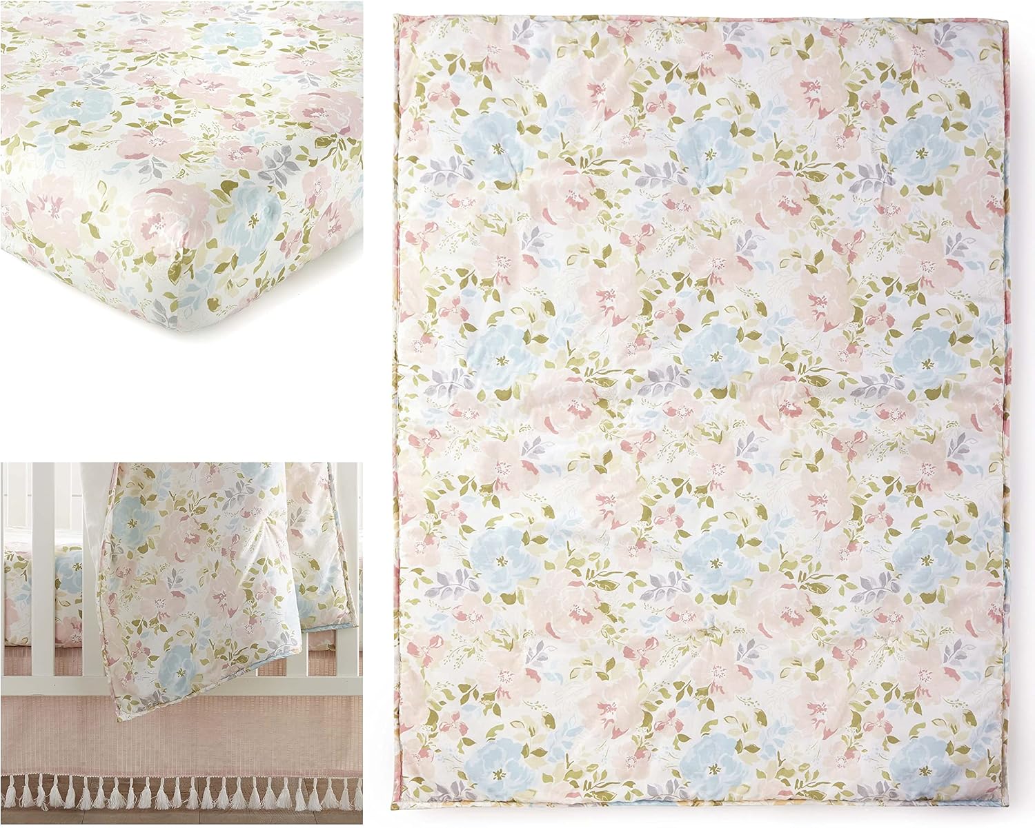 Levtex Baby Nest & Nod Amelia 3pc Bedding Set, Cotton, Pink, (Quilt, Dust Ruffle, Crib Fitted Sheet)