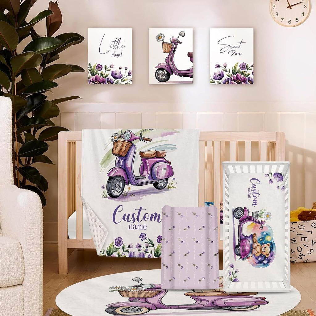 Personalized Crib Bedding Set for Girls, Custom Name Baby Crib Sets 5-Pcs Include Toddler Double Layer Blanket Fitted Sheet Changing Pad Cover Rug Wall Art Set, Electric Bicycles Pattern Nursery Décor